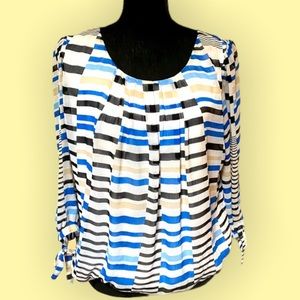 DB Women’s Black/ Blue Striped Top with Sheer Sleeves and Ties  - Medium